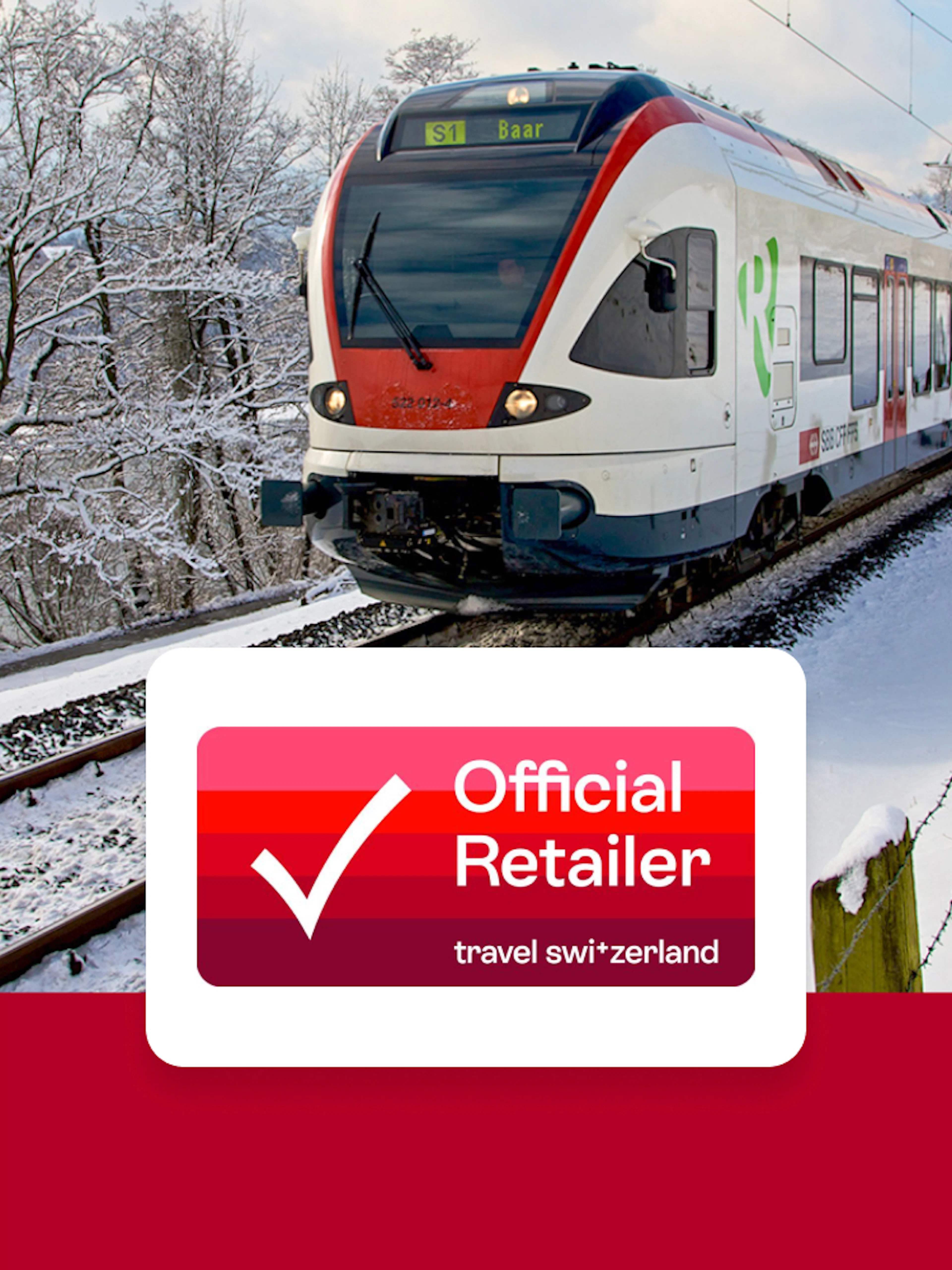 Train traveling through snowy Swiss landscape with Swiss Travel Pass logo.