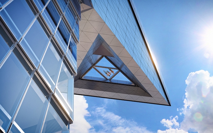 Edge Observation Deck glass floor view with sky and building reflections.