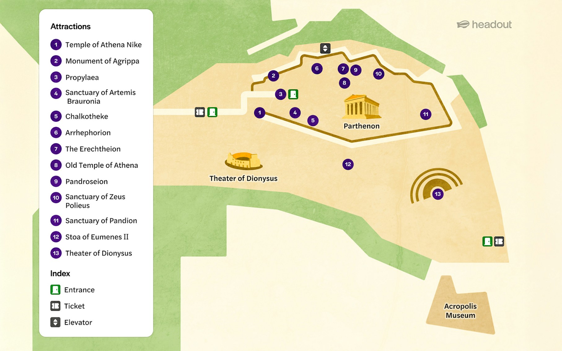 Map of Athens highlighting attractions like the Parthenon and Theater of Dionysus.