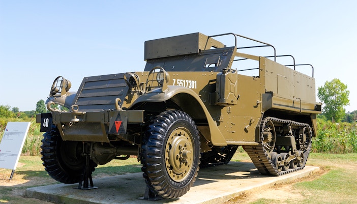 Overlord Museum tanks and military vehicles exhibit, Paris to Normandy tour.