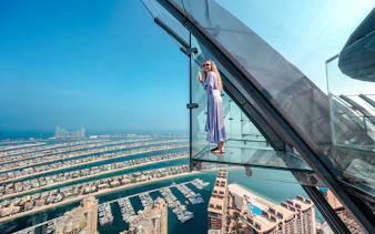 Viewing platform at The View At The Palm, Dubai, overlooking Palm Jumeirah and marina.