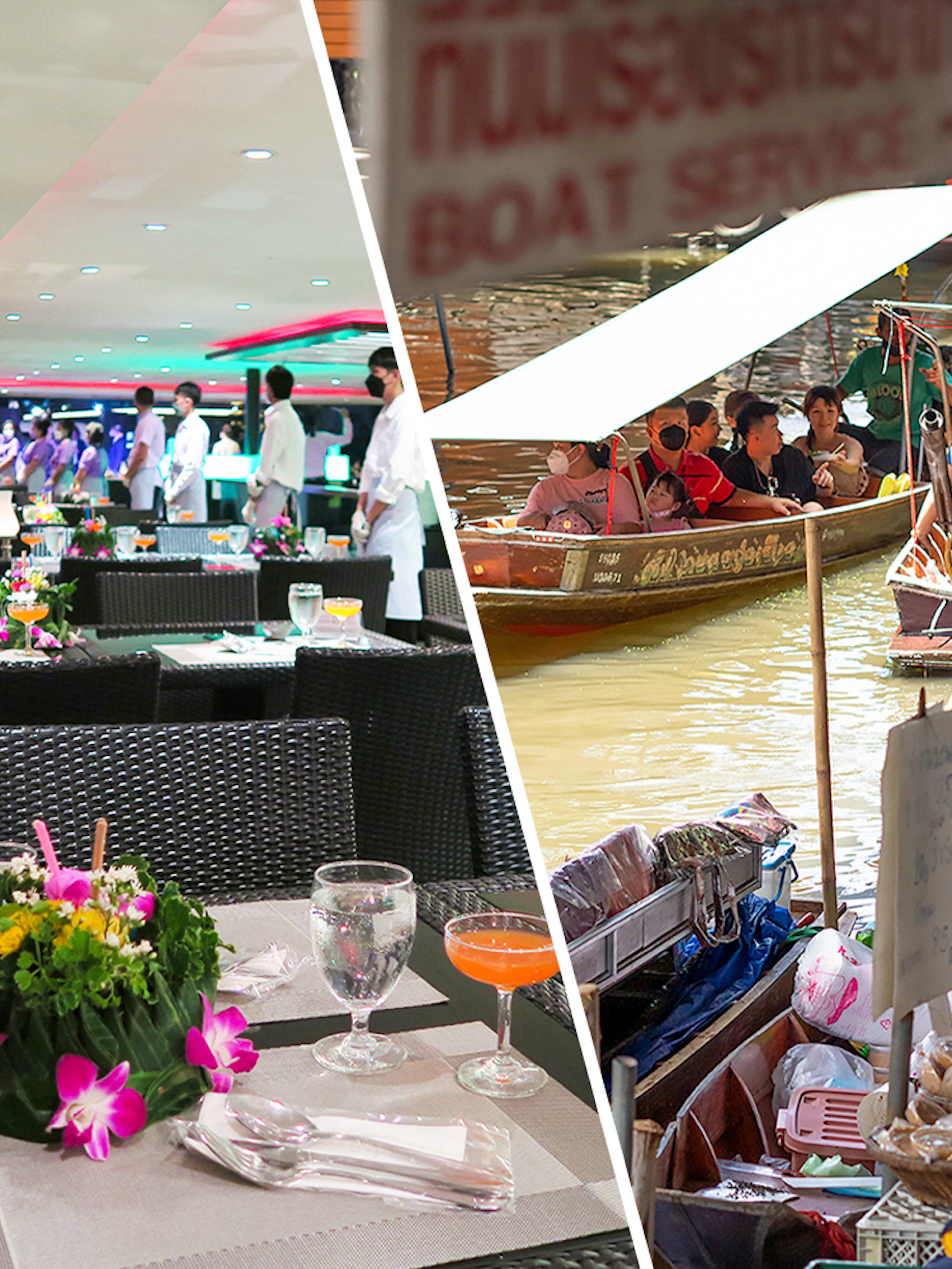Damnoen Saduak Market boats and Chao Phraya dinner cruise setup.