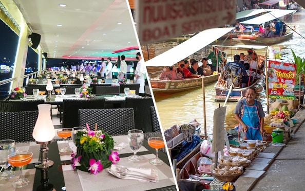 Damnoen Saduak Market boats and Chao Phraya dinner cruise setup.