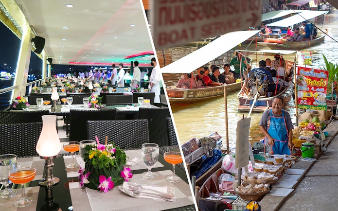 Damnoen Saduak Market boats and Chao Phraya dinner cruise setup.