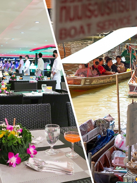 Damnoen Saduak Market boats and Chao Phraya dinner cruise setup.