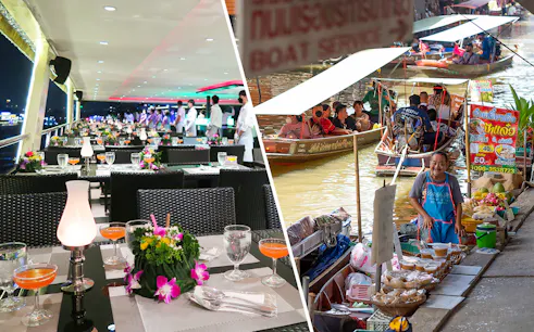 Damnoen Saduak Market boats and Chao Phraya dinner cruise setup.