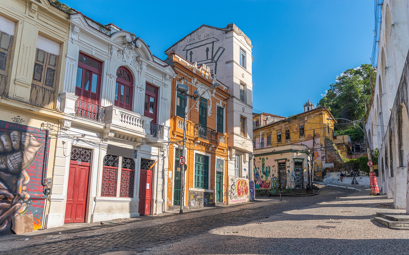 Colorful buildings and street art in Favela Santa Marta, Rio de Janeiro, Brazil.