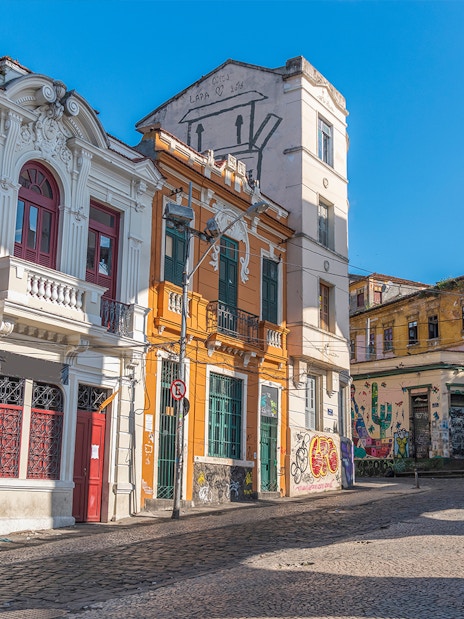 Colorful buildings and street art in Favela Santa Marta, Rio de Janeiro, Brazil.