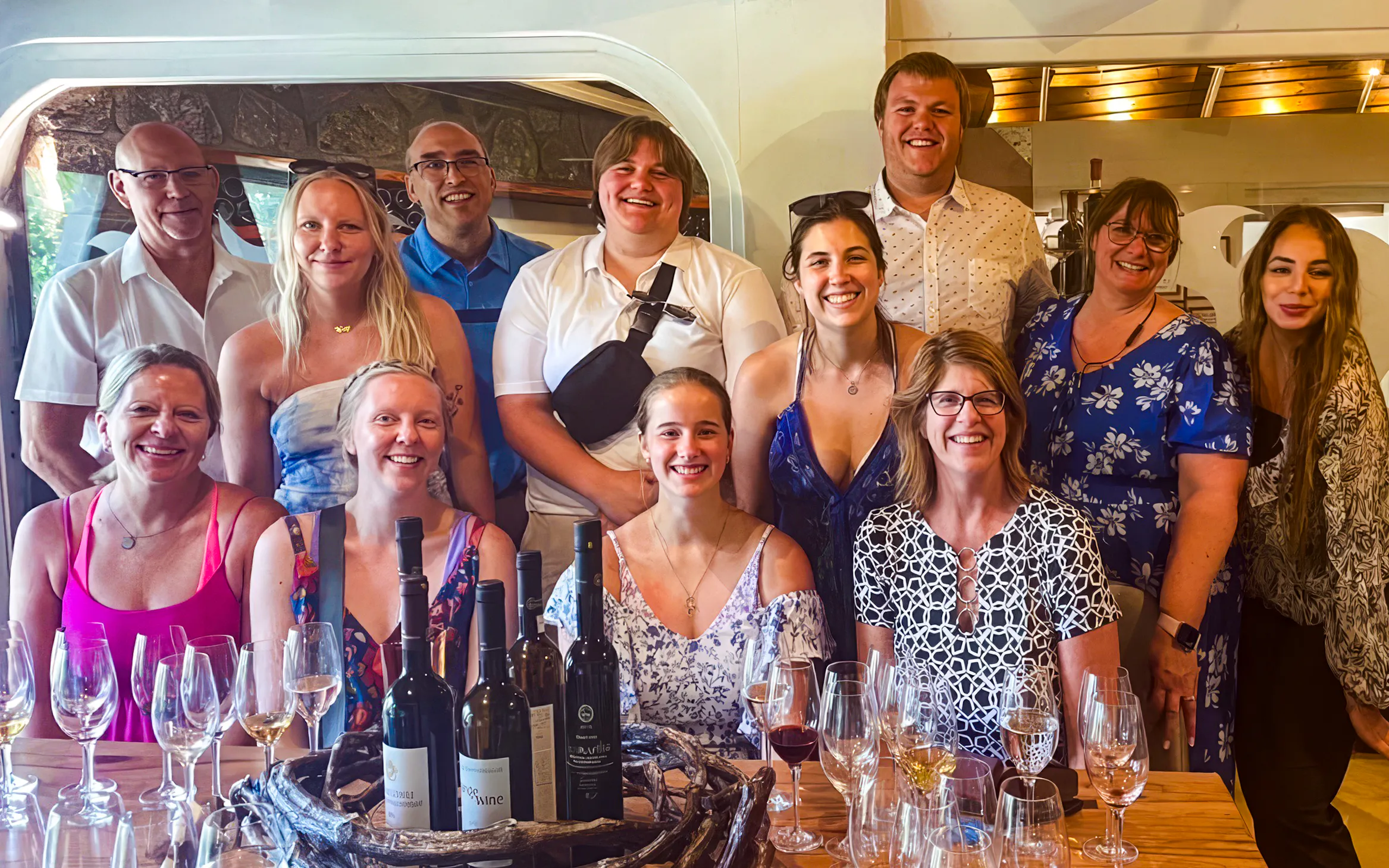 Group enjoying wine tasting on Santorini Sunset Wine Tour.