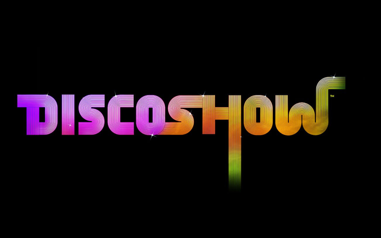 Colorful DiscoShow logo with vibrant gradient text on black background