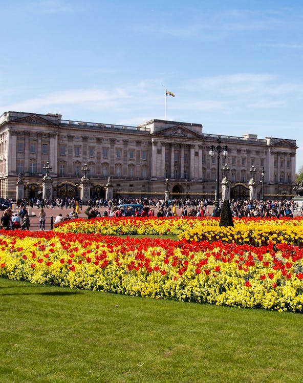 Buckingham Palace with colorful flower gardens in London.