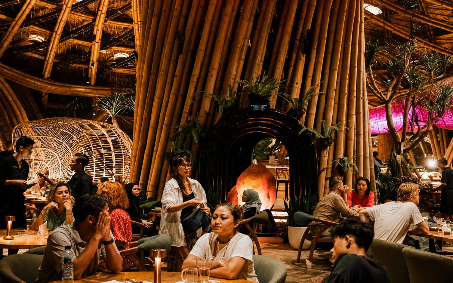 Guests enjoying dining at Luna Beach Club with bamboo architecture.