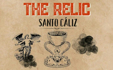 Valencia Holy Grail illustration with angel and chalice, promoting self-guided city exploration game.