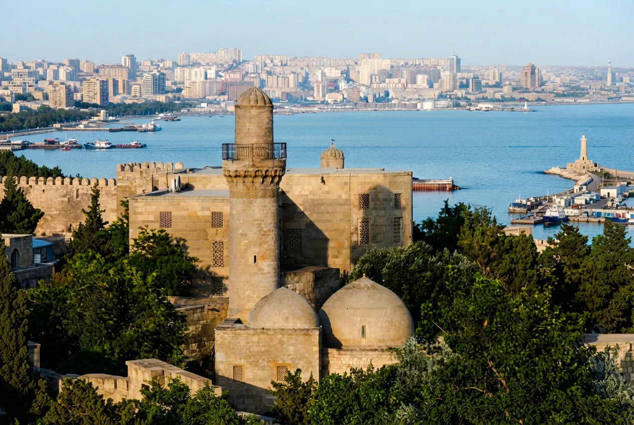 Palace of the Shirvanshahs with Baku cityscape and Caspian Sea in the background.