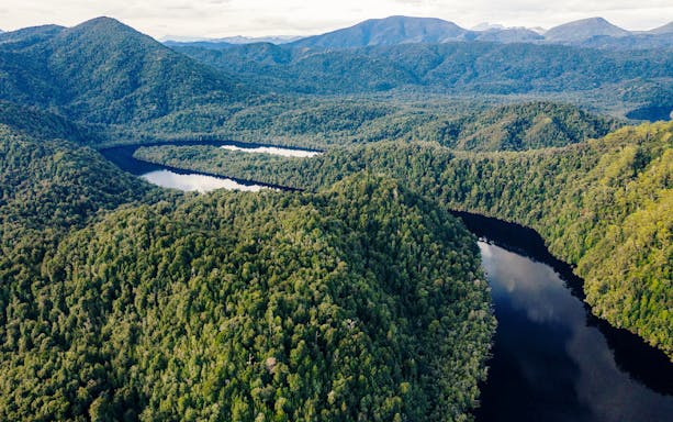 Gordon River winding through lush forested landscape in Tasmania, Australia.
