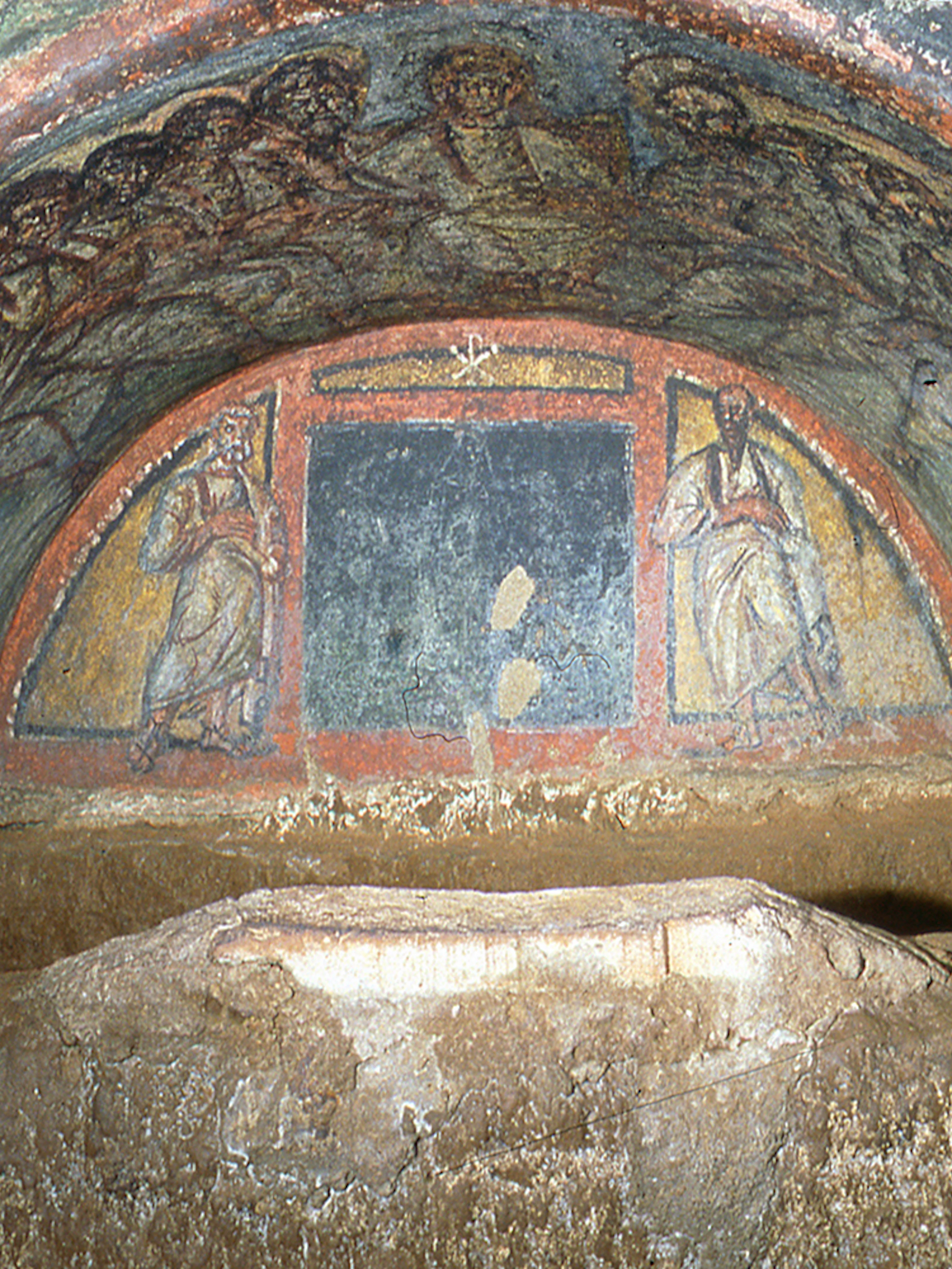 Wall paintings depicting biblical figures in the Catacombs of Domitilla, Rome.