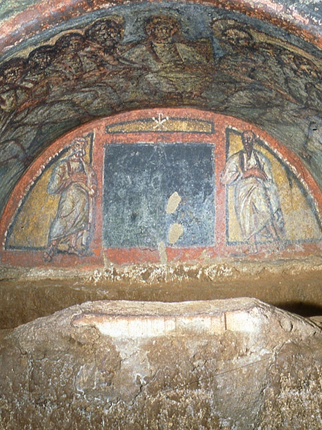 Wall paintings depicting biblical figures in the Catacombs of Domitilla, Rome.