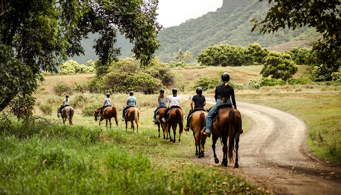 Group horseback riding on a trail at Kualoa Ranch, Hawaii.