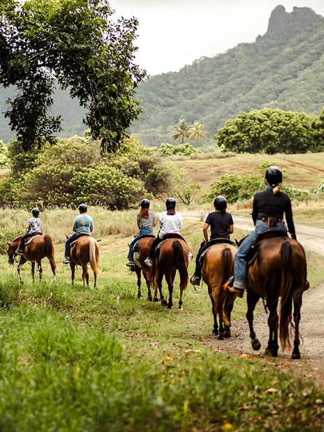Group horseback riding on a trail at Kualoa Ranch, Hawaii.