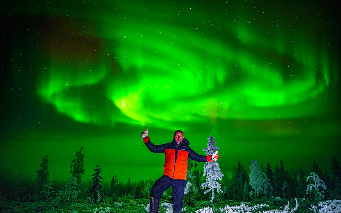 Person enjoying the Northern Lights display in a forest setting.