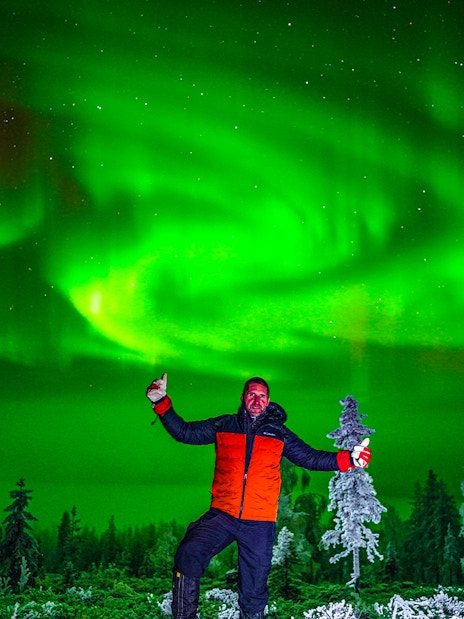 Person enjoying the Northern Lights display in a forest setting.