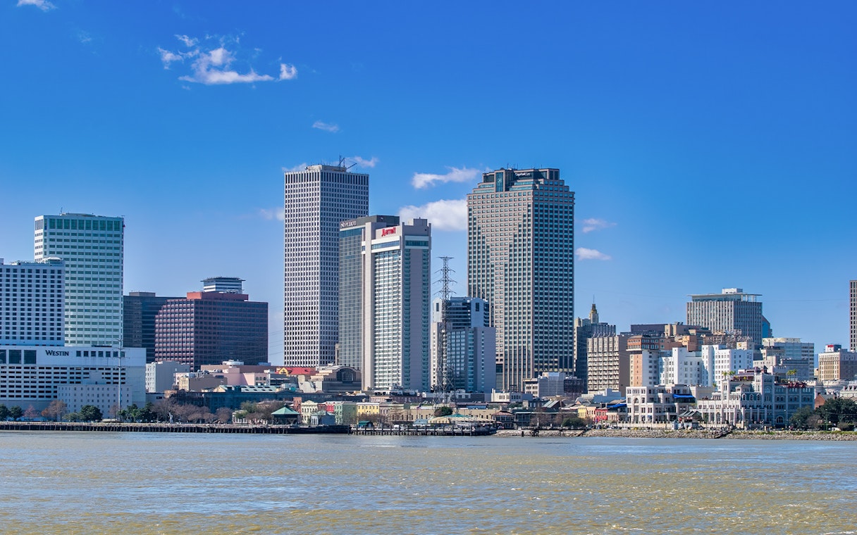 New Orleans skyline viewed from Steamboat Natchez on the Mississippi River.