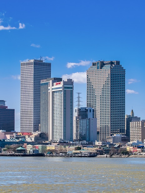 New Orleans skyline viewed from Steamboat Natchez on the Mississippi River.