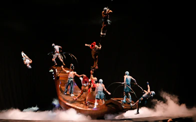 Acrobats performing on a rotating platform in Cirque du Soleil KÀ show.