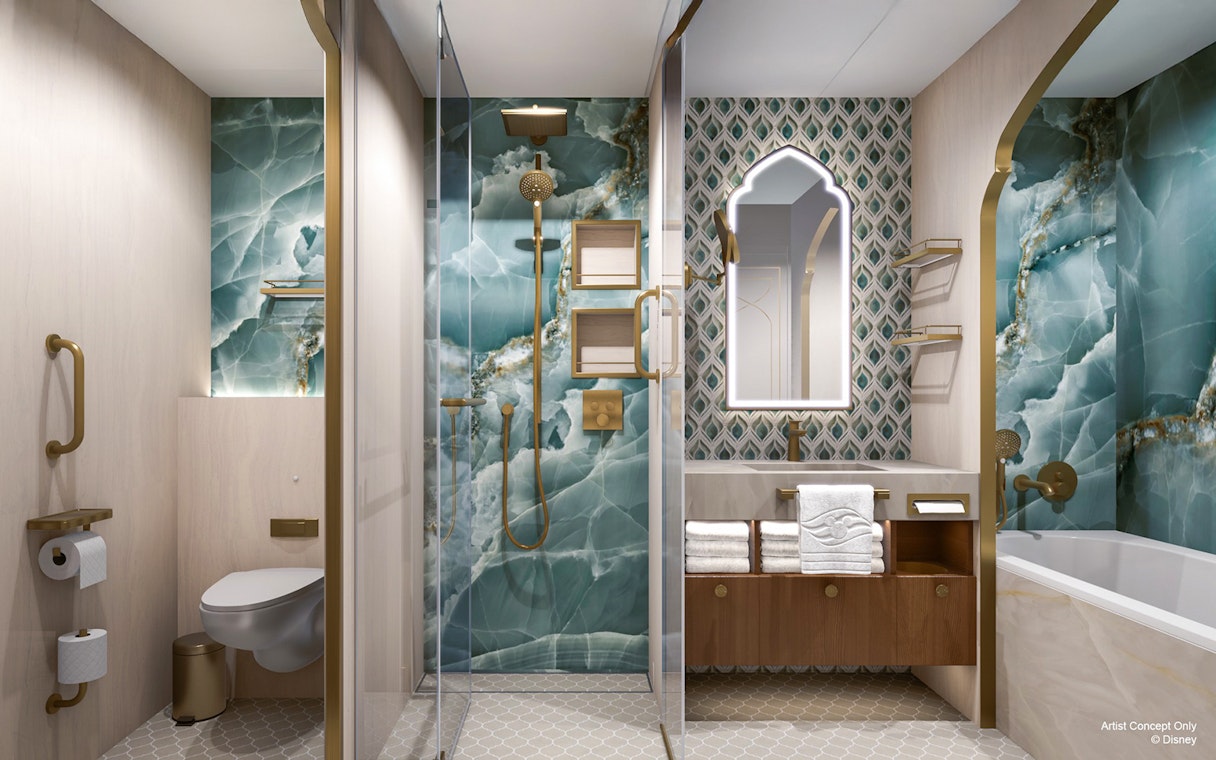 Concierge 1Bedroom Oceanview Suite bathroom with elegant decor on Disney Adventure Cruise.