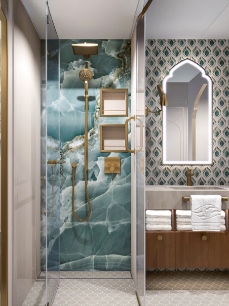 Concierge 1Bedroom Oceanview Suite bathroom with elegant decor on Disney Adventure Cruise.