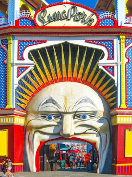 Entrance of Luna Park Melbourne with iconic face archway.