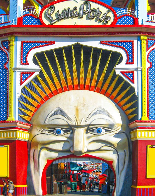 Entrance of Luna Park Melbourne with iconic face archway.