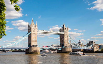 Tower Bridge viewed from a sightseeing cruise on the River Thames.