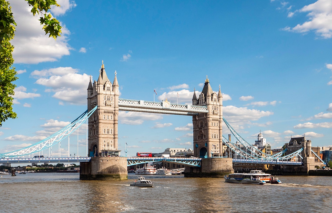 Tower Bridge viewed from a sightseeing cruise on the River Thames.