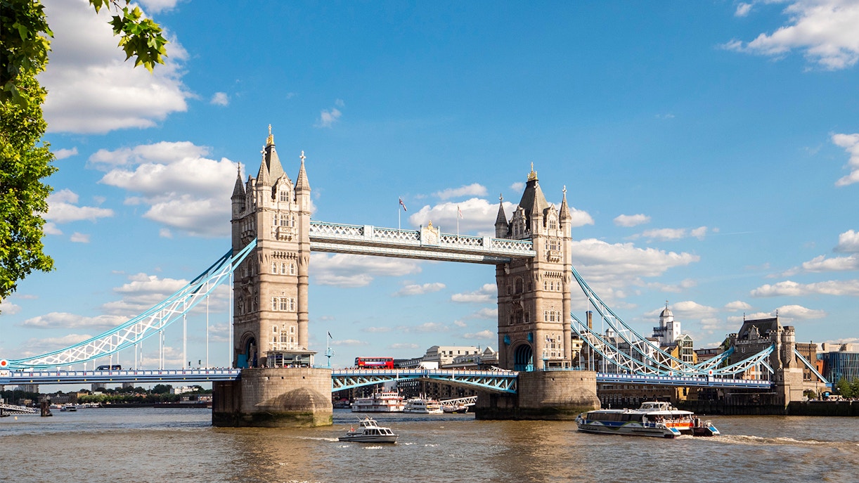 Tower Bridge over the Thames River during a sightseeing cruise in London.