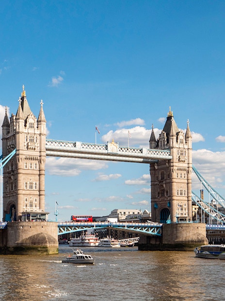 Tower Bridge viewed from a sightseeing cruise on the River Thames.