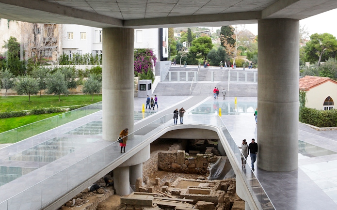 Excavation site beneath glass walkway at the Acropolis Museum, Athens.