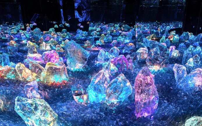 Colorful illuminated crystals at teamLab Biovortex Kyoto, part of the Kyoto Summer Limited Wind Chime Festival.