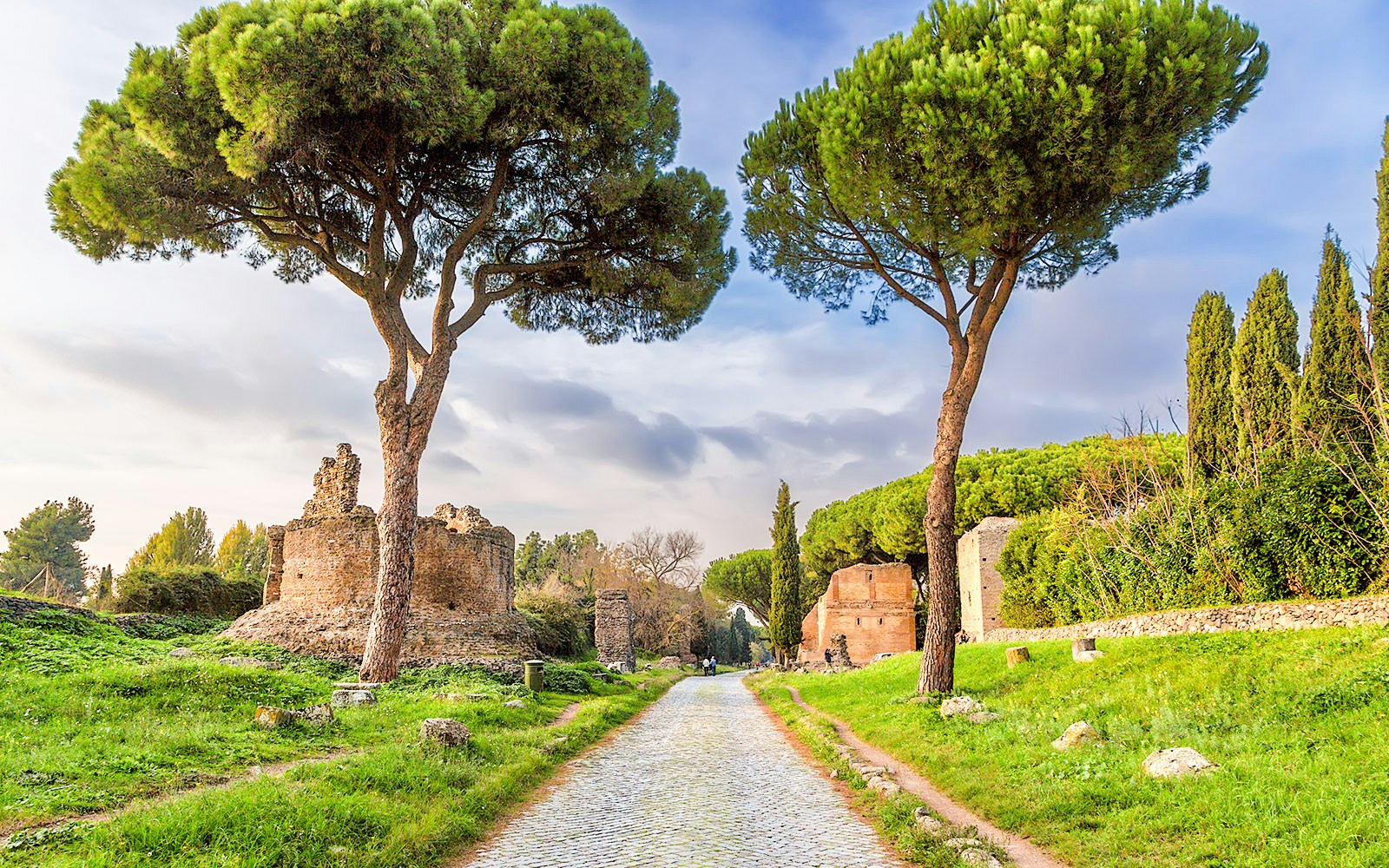 Ancient cobblestone road lined with trees on the historic Appian Way in Rome.