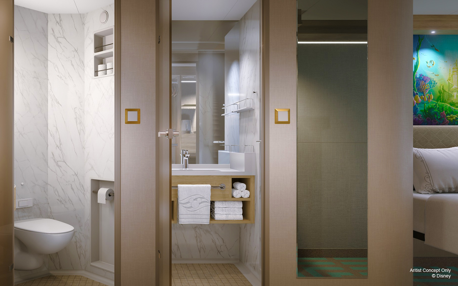 Stateroom bathroom with marble accents on Disney Adventure Cruise from Singapore.