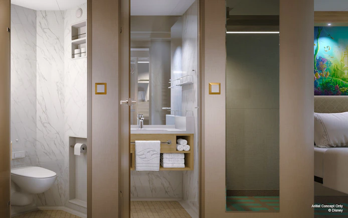 Stateroom bathroom with marble accents on Disney Adventure Cruise from Singapore.
