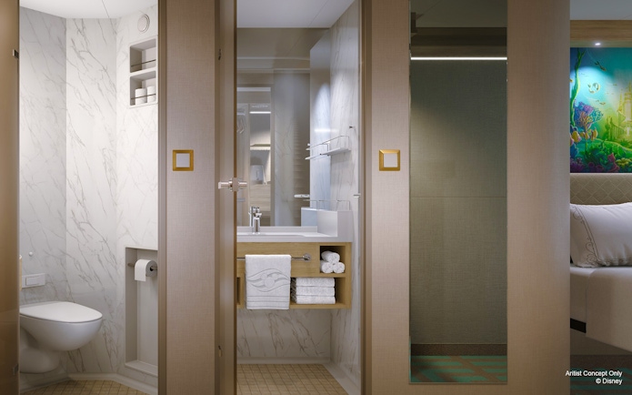 Stateroom bathroom with marble accents on Disney Adventure Cruise from Singapore.