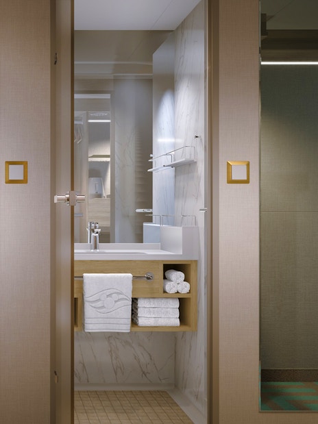 Deluxe Inside Stateroom bathroom with reef view on Disney Adventure Cruise.