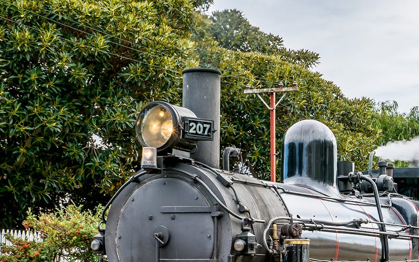 Steam train on tracks at Victor Harbor, South Australia.