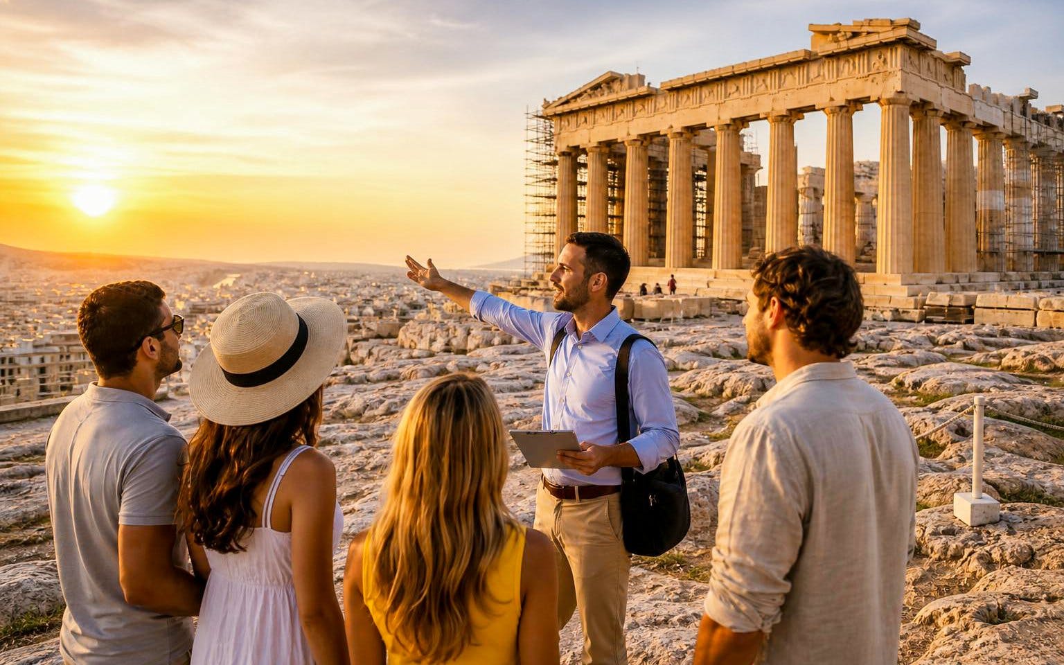 Guided group tour at Acropolis with view of Parthenon during sunset in Athens.