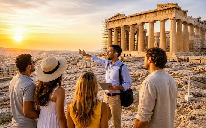 Guided group tour at Acropolis with view of Parthenon during sunset in Athens.