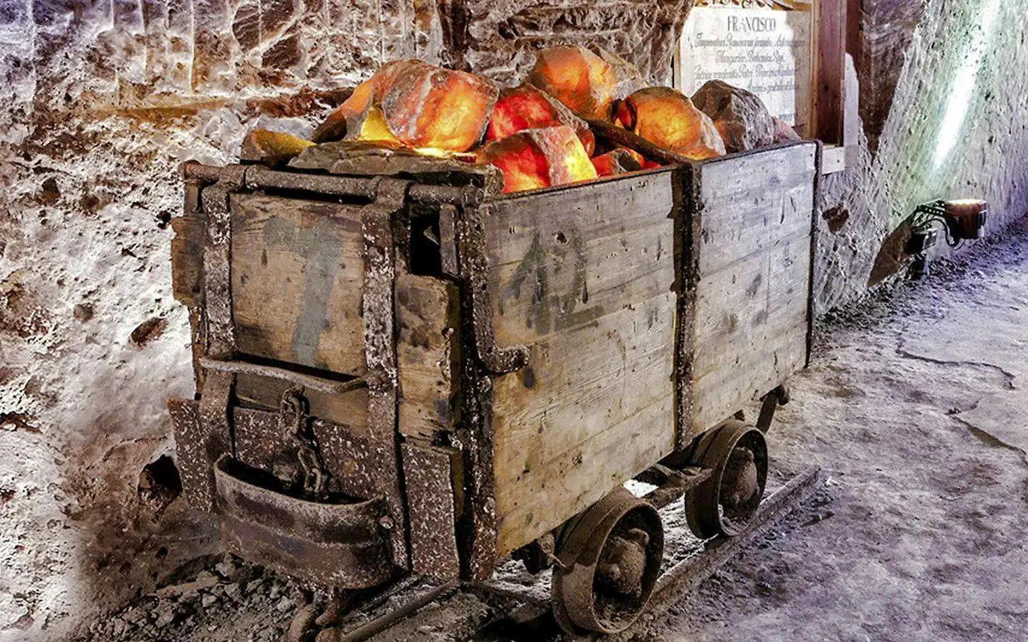 Mining cart filled with salt rocks inside Berchtesgaden Salt Mine.