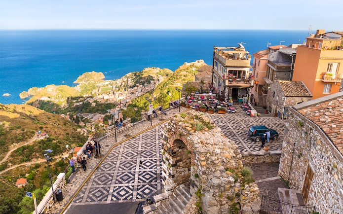 Small Village of Castelmola with view of Taormina and coastline.