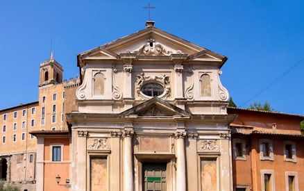 Mamertine Prison entrance in Rome with historical architecture details.