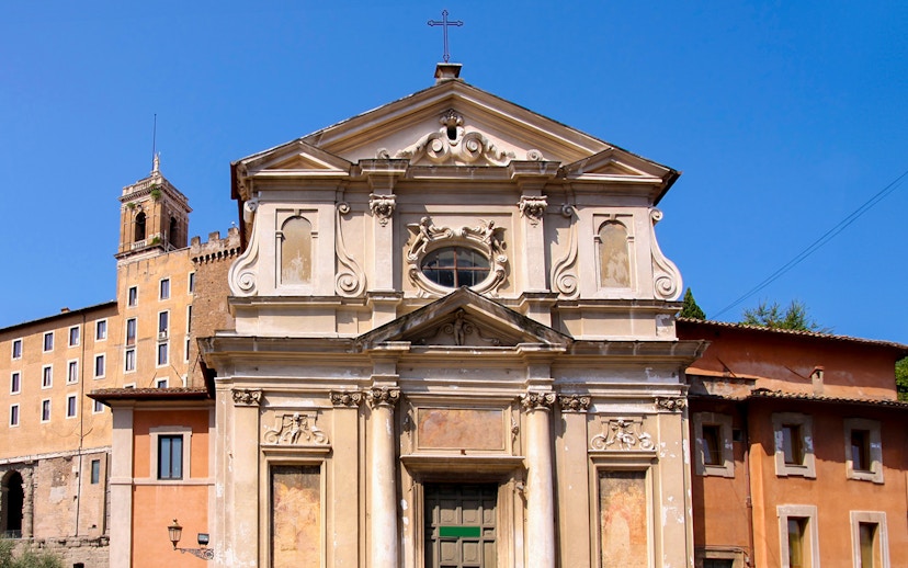Mamertine Prison entrance in Rome with historical architecture details.